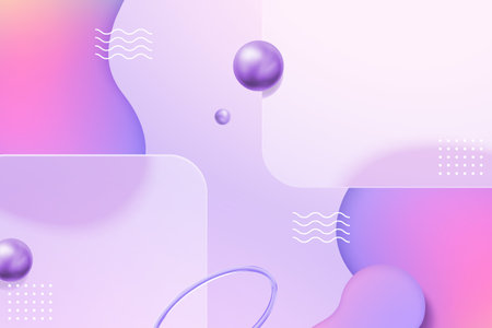 Glassmorphism rectangle plates, geometric shape objects and gradient fluid effect on light purple background.のイラスト素材