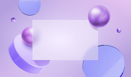 3D geometric objects and glassmorphism square plate floating on violet background.