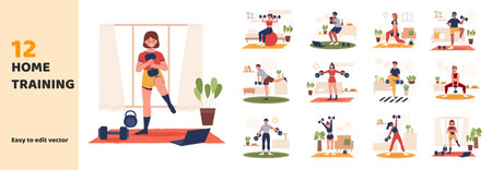 Flat style home fitness element set. Scenes of people training with dumbbells at home or taking online fitness courses.のイラスト素材