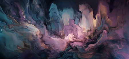 Illustration of abstract painting featuring blue, purple on dark background. Created with Generative AI technologyの素材
