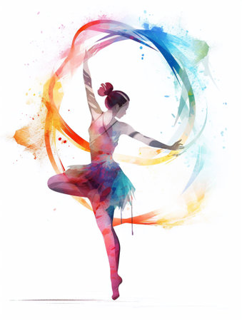 Watercolor illustration of woman dancing in a vibrant dress. Created with Generative AI technologyの素材