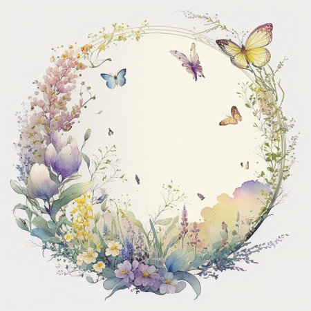 Watercolor flowers and butterflies frame on white background. Created with Generative AI technologyの素材