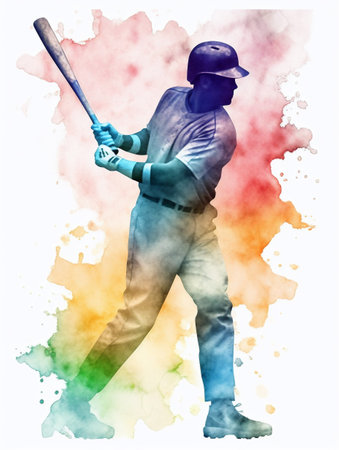 Watercolor illustration of a baseball player holding a bat. Created with Generative AI technologyの素材