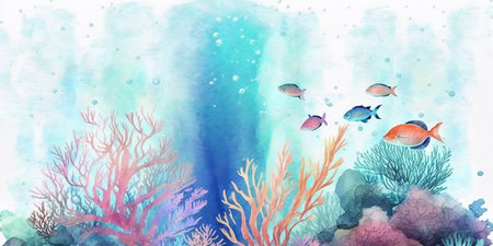Watercolor style illustration of underwater scene with corals and fish. Created with Generative AI technologyの素材