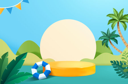 3D summer theme display podium background with paper cut style decorations.のイラスト素材