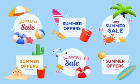 Summer sale promotion element set isolated on light blue background. Each decorated with 3D beach vacation theme objects.のイラスト素材