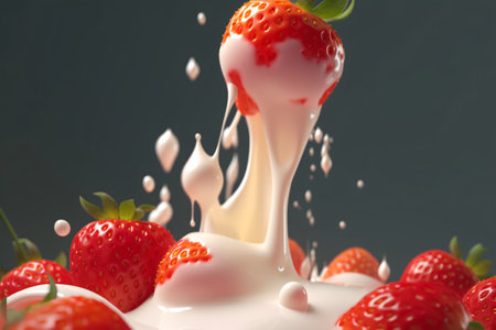 Milk splashing over fresh strawberries. Created with Generative AI technologyの素材