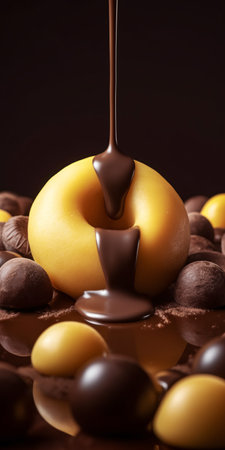 Chocolate glaze dripping over donut. Created with Generative AI technologyの素材