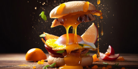 Top part of the burger floating with sauce dripping down to sunny side egg. Created with Generative AI technologyの素材