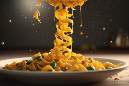 Twirling spaghetti in a plate with dripping sauce on dark background. Created with Generative AI technologyの素材