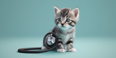 Cute kitten sitting beside a stethoscope on light blue background. Created with Generative AI technologyの素材