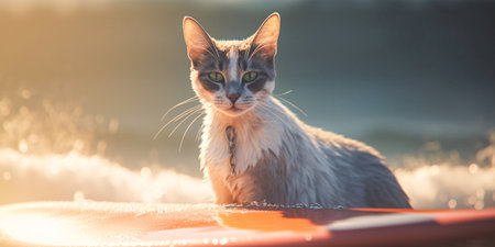 Cat enjoying a day of surfing on surfboard. Created with Generative AI technologyの素材