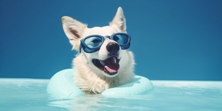 Dog with goggles swimming in pool. Created with Generative AI technologyの素材