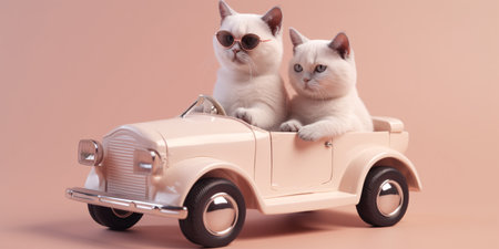 Cats wearing sunglasses in a small vintage car model on pink background. Created with Generative AI technologyの素材