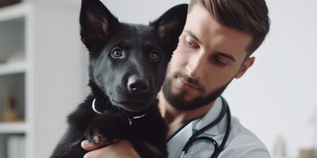 Vet holding a black dog in his arms examining. Created with Generative AI technologyの素材