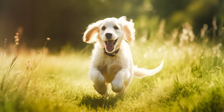 Lively dog running at the meadow. Created with Generative AI technologyの素材