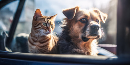 Dog and cat sitting inside a car on a road trip. Created with Generative AI technologyの素材