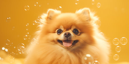 Cute Pomeranian dog surrounded by bubbles on yellow background. Created with Generative AI technologyの素材