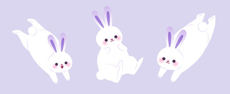 Adorable white bunny with purple ears isolated on pastel purple background. Including hopping and sitting rabbits.のイラスト素材