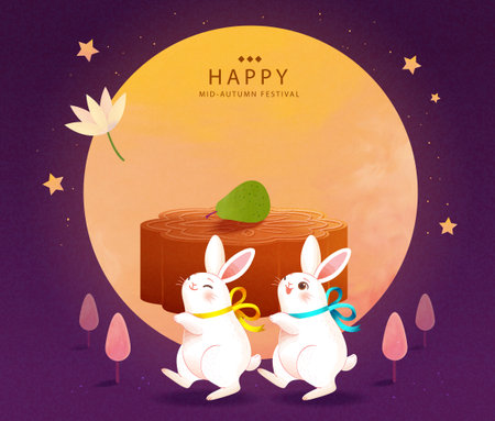 Romantic Mid Autumn Festival card. Jade rabbits carrying mooncakes on dark purple background with full moon, stars, and trees.のイラスト素材