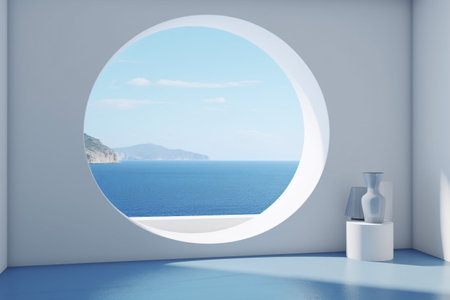 Clean white room with circular window overlooking the ocean. Created with Generative AI technologyの素材