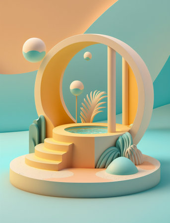 Abstract display podium with fountain and step on pastel blue and orange background. Created with Generative AI technologyの素材