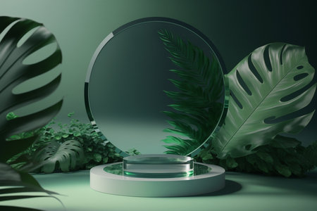 Beautiful crystal display podium with plants inside on dark green background. Created with Generative AI technologyの素材
