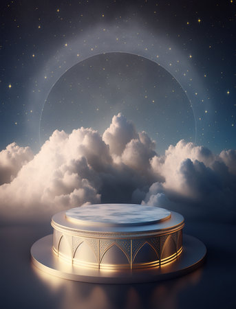 Golden fancy display podium on dreamy night sky background. Created with Generative AI technologyの素材