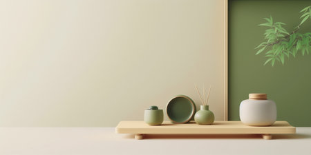 Pottery containers sitting on wooden tray on ivory and green background. Created with Generative AI technologyの素材