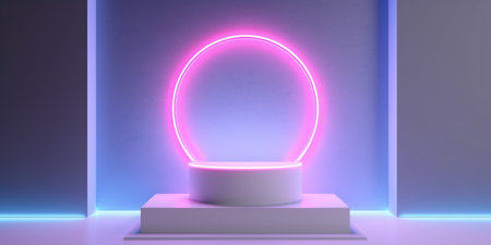 Futuristic display podium with neon light. Created with Generative AI technologyの素材