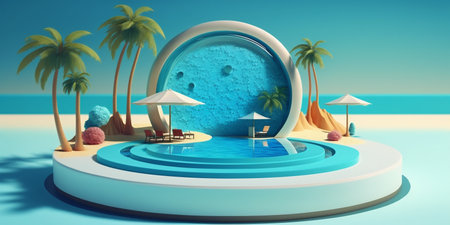 Podium with a pool surrounded by palm trees and umbrellas on beach background. Created with Generative AI technologyの素材