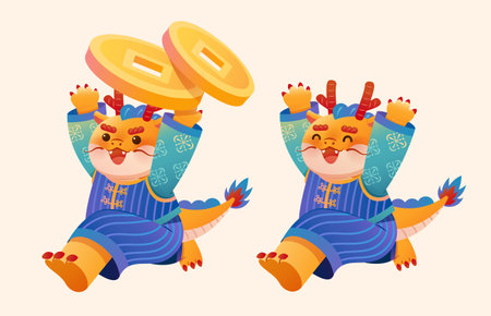 Cute dragon elements isolated on cream white background. Dragons in traditional costume running while cheering, one carrying coins, one without.のイラスト素材