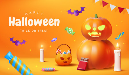 3D Halloween pumpkins, candies, candles, bunting and bats on orange background.のイラスト素材