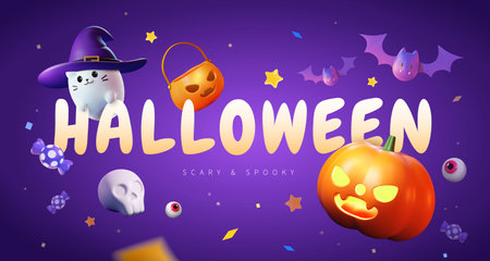 3D Halloween pumpkin, witch cat, candies, bat, stars, eyeballs, and skull on purple backgroundのイラスト素材