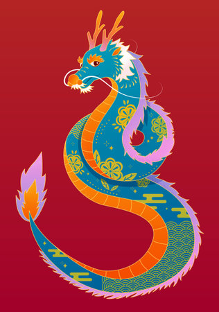 Elegant dragon with floral and wave patterns isolated on red background.のイラスト素材