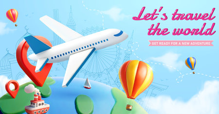 3D Plane traveling across earth on light blue background with line style landmarks.のイラスト素材