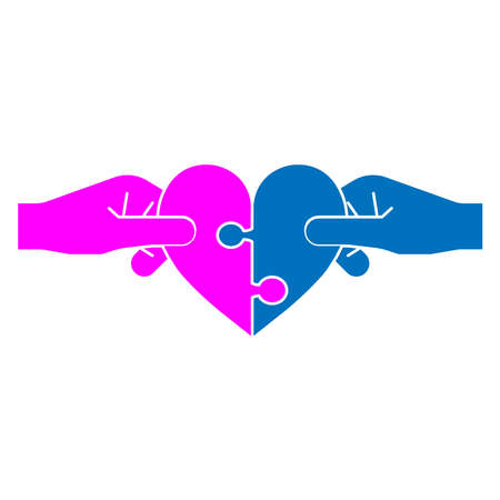 Two hand holding pieces of heart, reuniting it into one. Vector illustration of a love puzzle. Simple style and isolated on a blank background.のイラスト素材
