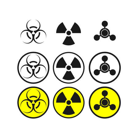 Toxic sign, symbol. Warning radioactive zone graphic vector set. Icon flat style modern design Isolated on Blank Background. Vector illustration of chemical.のイラスト素材
