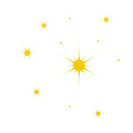 Yellow, gold, orange sparkles symbols vector. Bright firework, decoration twinkle, shiny flash. Glowing light effect stars and bursts. Vector illustration isolated on a blank background.のイラスト素材
