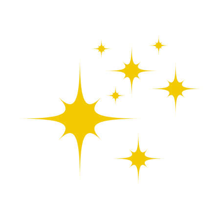 Yellow, gold, orange sparkles symbols vector. Bright firework, decoration twinkle, shiny flash. Glowing light effect stars and bursts. Vector illustration isolated on a blank background.のイラスト素材