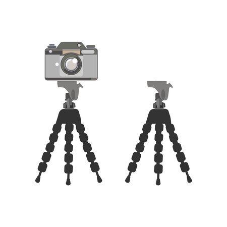 Camera on tripod. Photo lens technology, different digital and vintage cam pictogram. Isolated on blank background. Editable and changeable color.のイラスト素材
