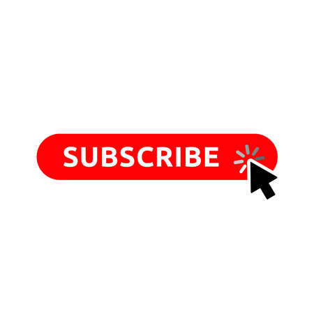 Subscribe, bell button and hand cursor. Red button subscribe to channel, blog. Social media background. Marketing. Simple style and isolated on a blank background. Color editable.のイラスト素材