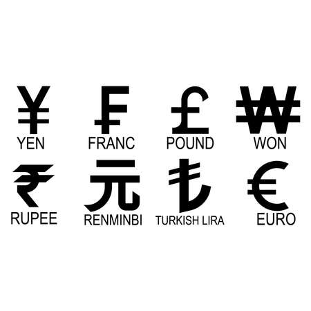 Base currency icon symbol sign, vector illustration of Yen, Franc, Pound, Won, Rupee, Renmimbi, Lira and Euro currency, in black and white color. Simple and isolated style on a boaのイラスト素材
