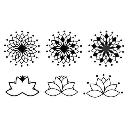 Lotuses. Collection of lotus flowers for a logo. Black white vector illustration. Tattoo. Isolated on a blank background which can be edited and changed colors.のイラスト素材