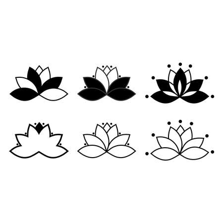Lotuses. Collection of lotus flowers for a logo. Black white vector illustration. Tattoo. Isolated on a blank background which can be edited and changed colors.のイラスト素材