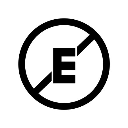 The letter E symbol is crossed. Illustration of the prohibition of the use of additive materials, without addictive ingredients, in black and white. Simple and isolated style on aのイラスト素材