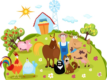 farm animals and farmerのイラスト素材