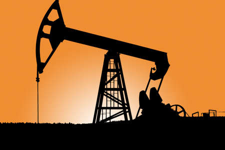 A silhouette of a pumpjack in state Udmurtskaya, Russian Federationの写真素材