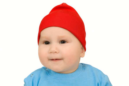 baby in red hatの写真素材
