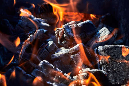 Burning coals in a campfire for outdoor cooking.の写真素材
